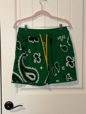 Green Paisley Knit Drawstring Shorts